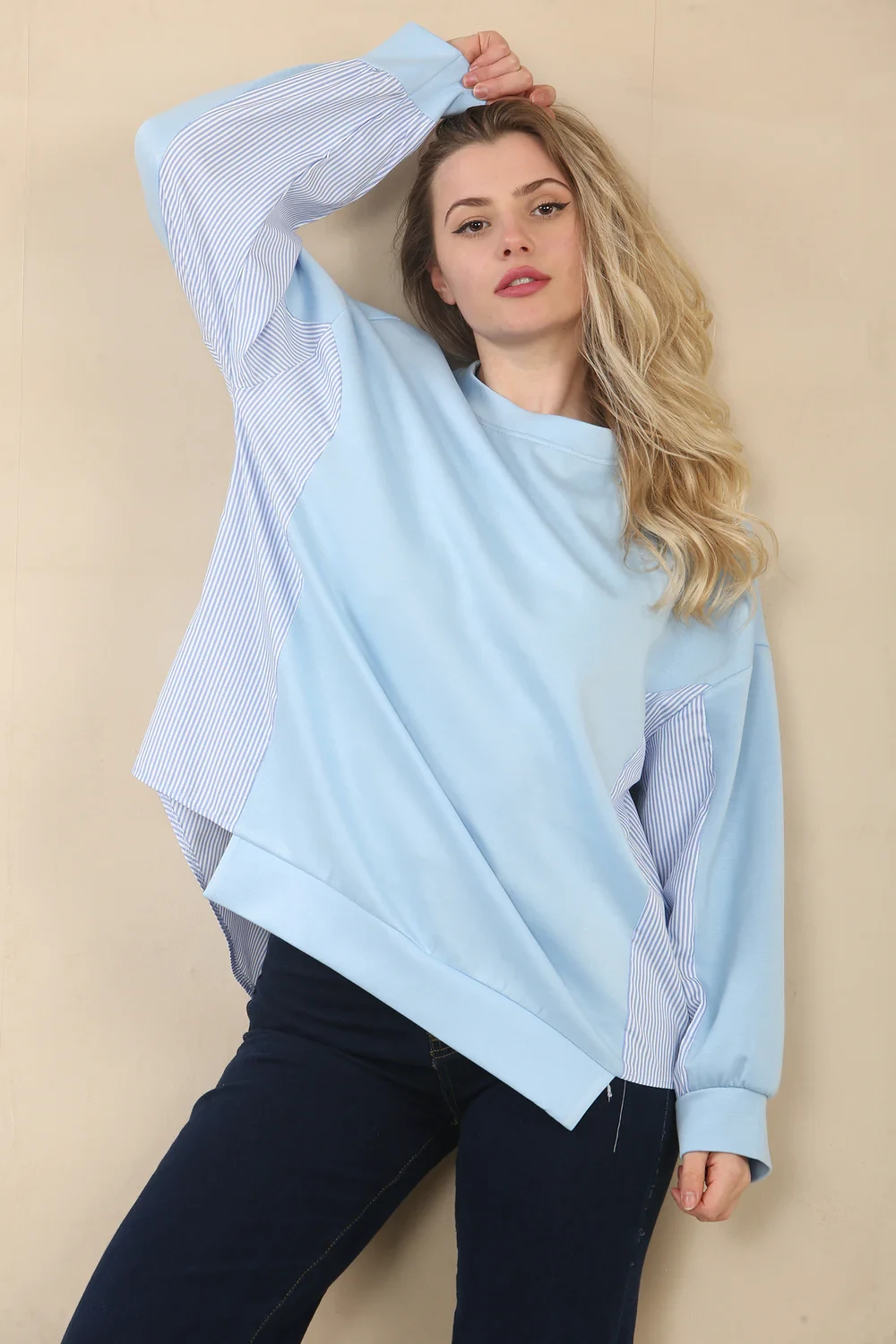 STRIPE SHIRT DETAIL SWEAT - BLUE