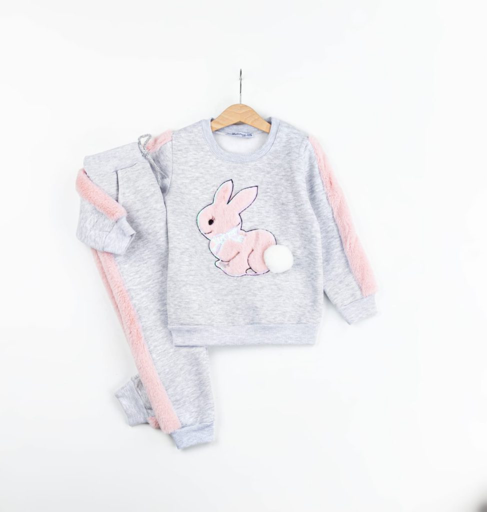 Girls Two Piece Bunny Sequin Fur Trim Loungewear Set (3-7Y)