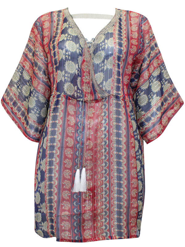 Indie Print Tassel Tie Kimono Top