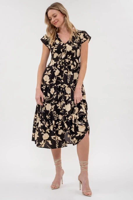 Button Down Floral Tiered V Neck Midi Dress