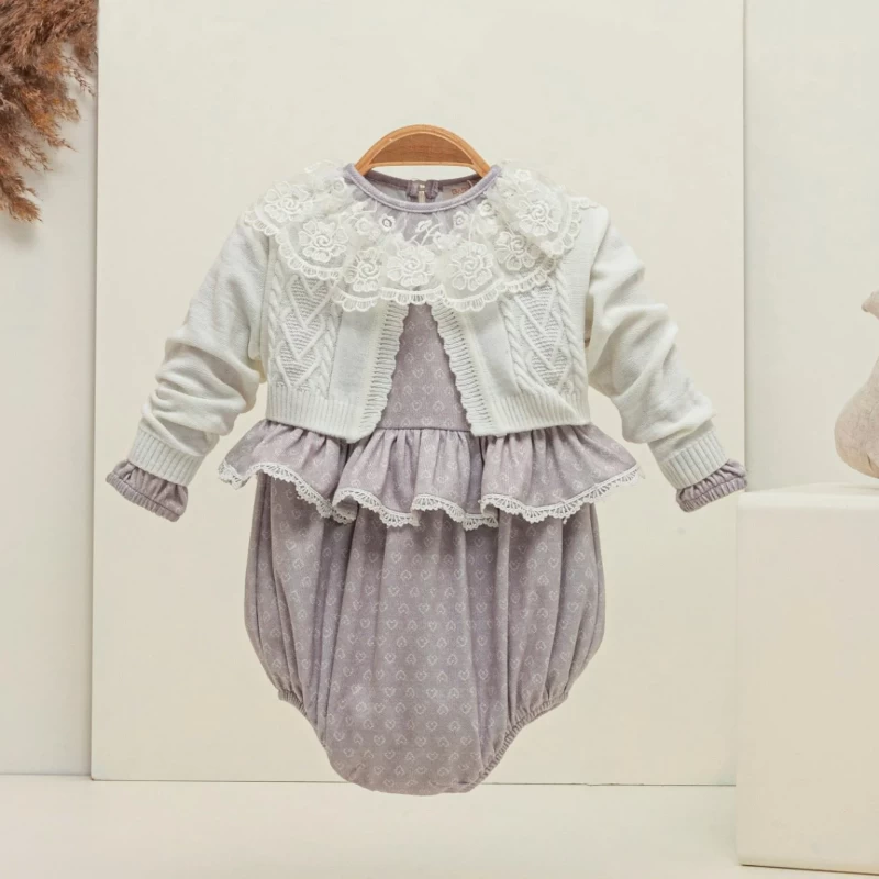 Baby Girls Two Piece Layered Heart Print Spanish Romper & Cardigan Set (6-18M)