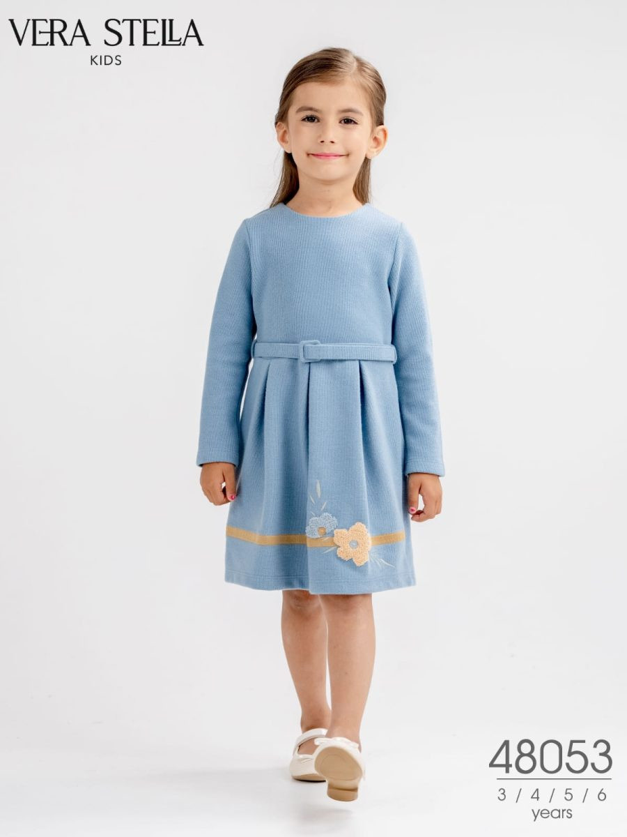 Girls Full Sleeve Flower Embossed Wooly Belt Dress (3-6Y)