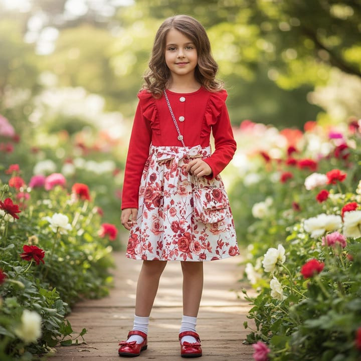 Girls Rose Print Full Sleeve Frilly Shoulder Dress with Purse (4-14Y)