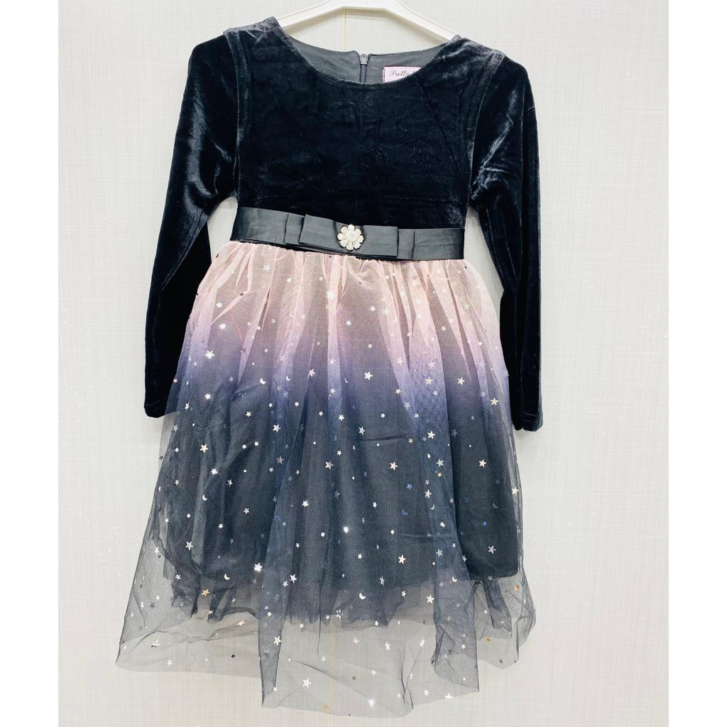 Girls Full Sleeve Velvet Star Glitter Party Dress (4-14Y)