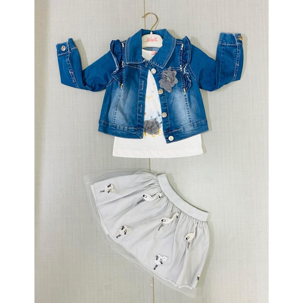 Girls Three Piece Flamingo Embroidered Denim Jacket Skirt Set (2-5Y)