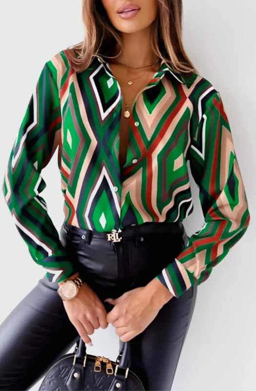 BREE GREEN, STONE ARGYLE DIAMOND PRINT BLOUSE SHIRT TOP
