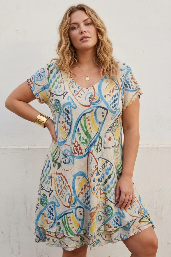 Abstract Fish Print Cotton Dress