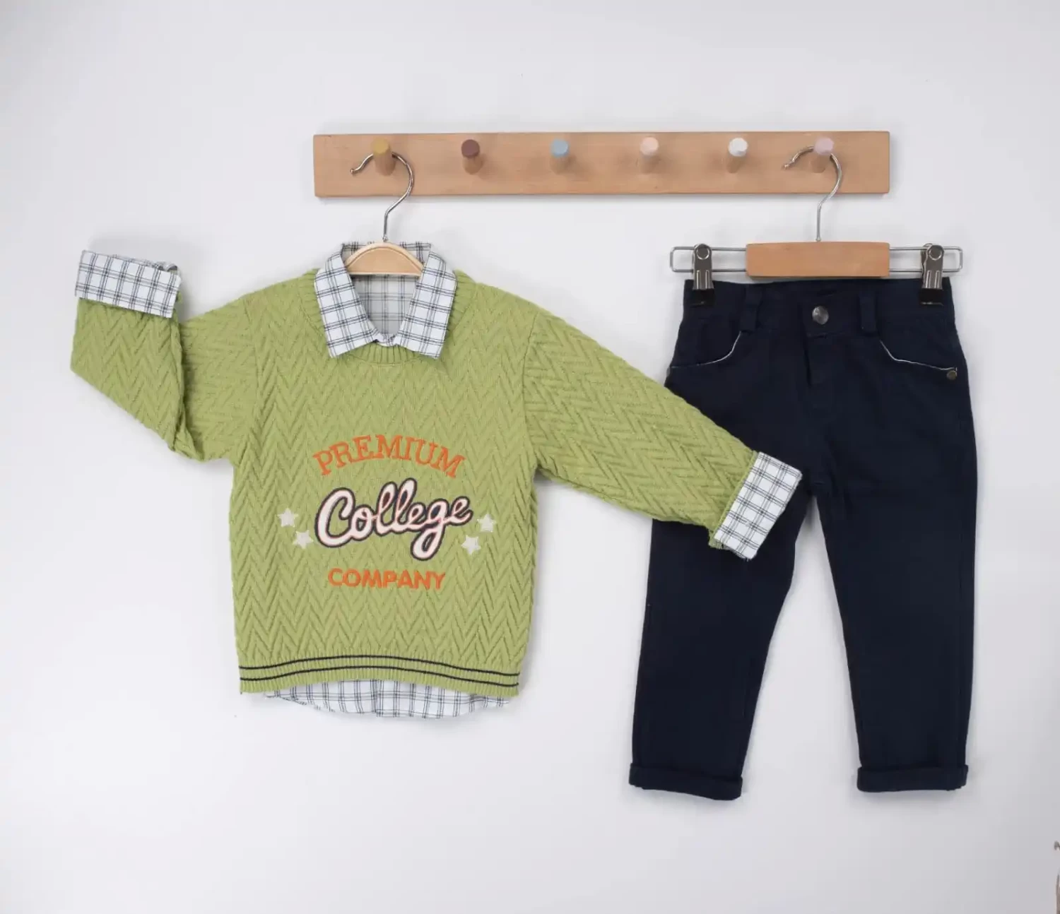 Boys Three Piece Stripe Knitted “College” Jumper, Shirt & Chinos Set (2-5Y)
