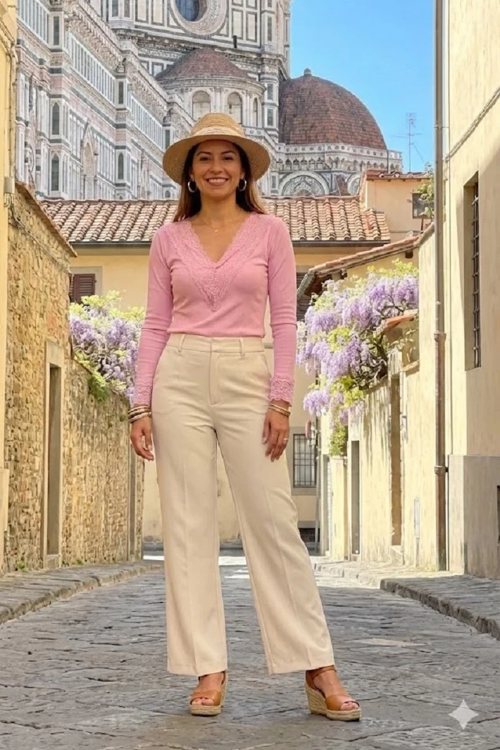 KEMI LACE TRIM V-NECK TOP