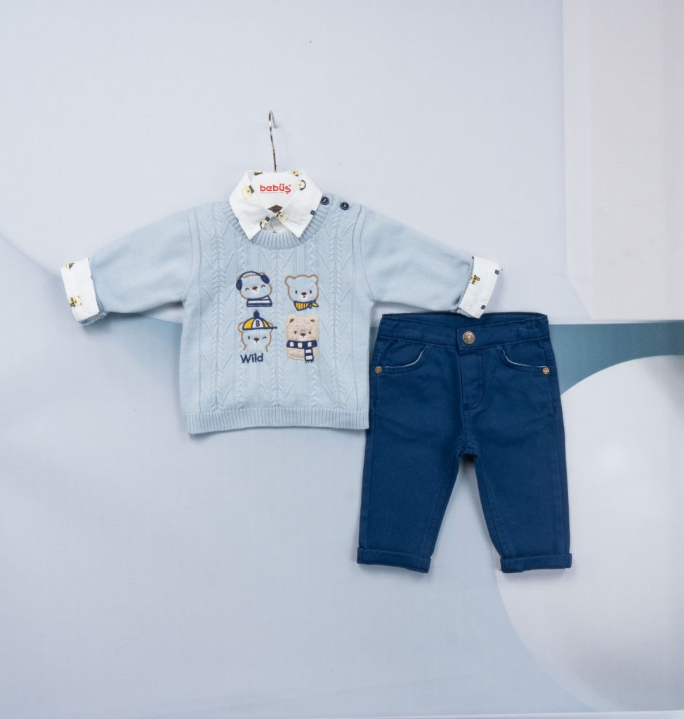 Baby Boys Three Piece Knitted Teddy Jumper & Chinos Set (6-18M)