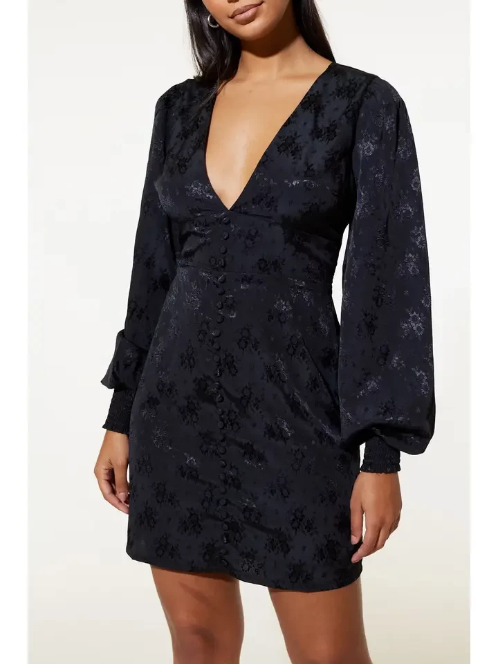 Noha Short Dress in Recycled Black Rose Jacquard