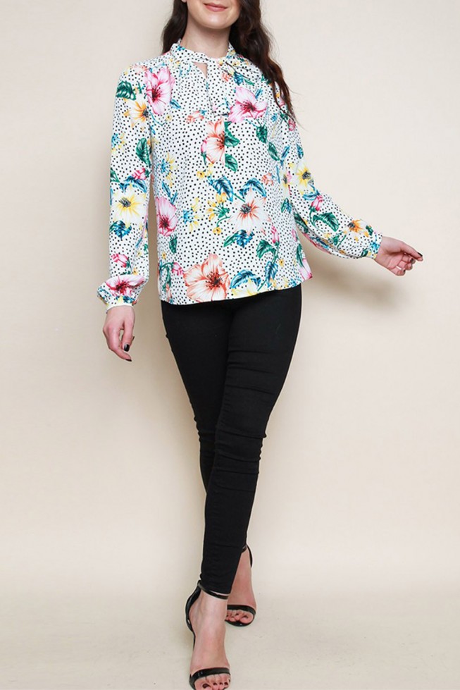 Floral Polka Dot Pussy Bow Blouse Top