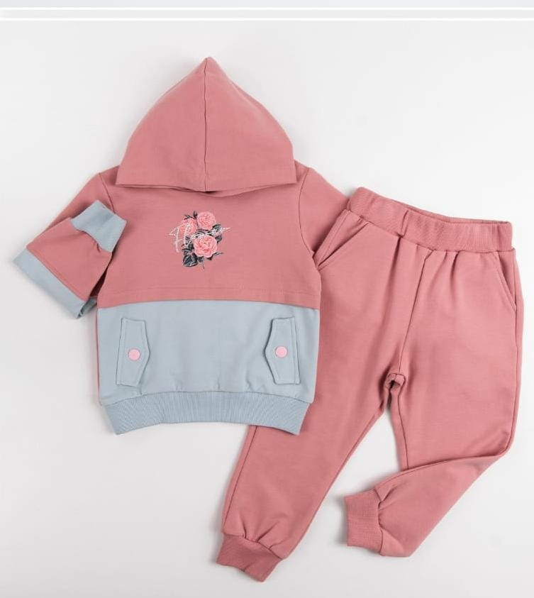 Girls Rose Print Layered Hooded Tracksuit (1-8Y)