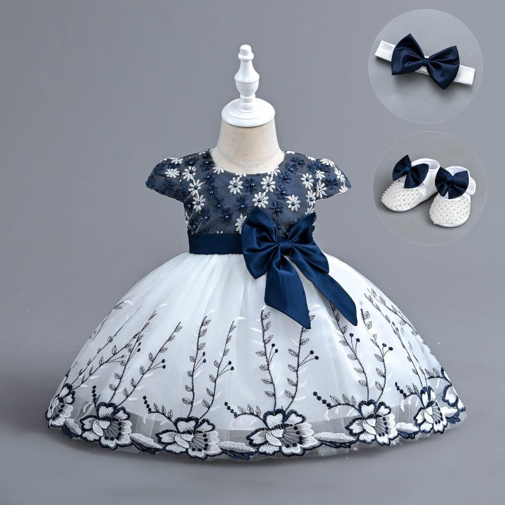 Baby Girls Embroidered Pearl Party Dress with Shoes and Headband (6-24M)