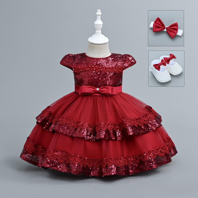 Baby Girls Layered Sequin Party Dress with Shoes and Headband (6-24M) - RED