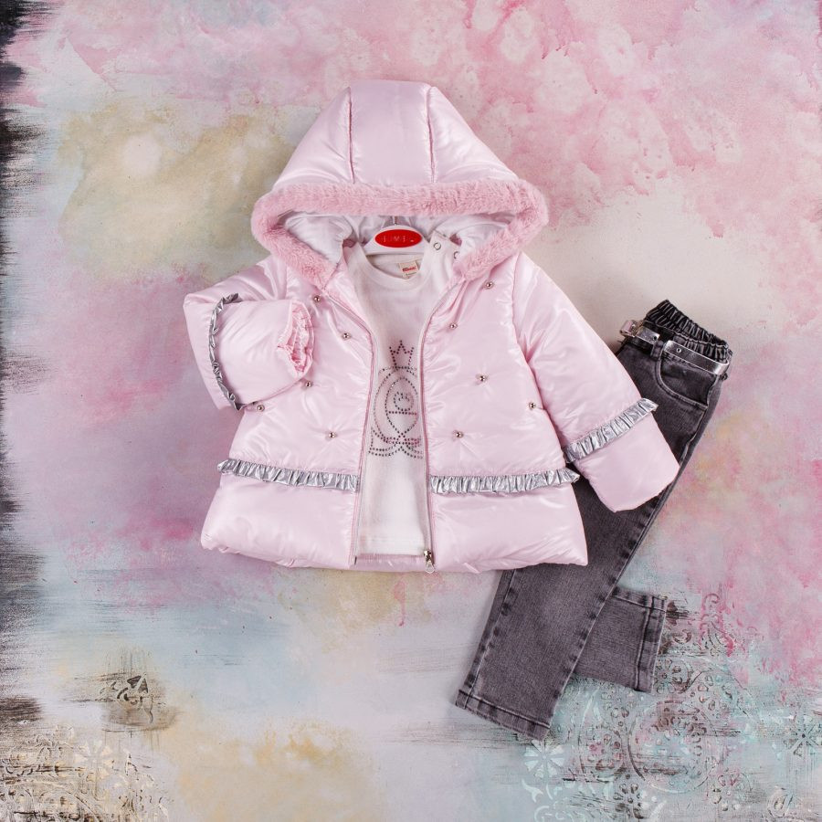 Baby Girls Three Piece Padded Pearl Jacket, Diamante Top & Jeans Set -11