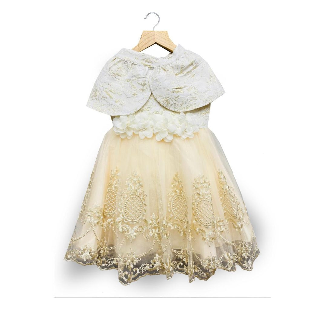 Girls 2pc Embroidered Party Dress & Jacquard Shrug Set (2-12Y) - CREAM