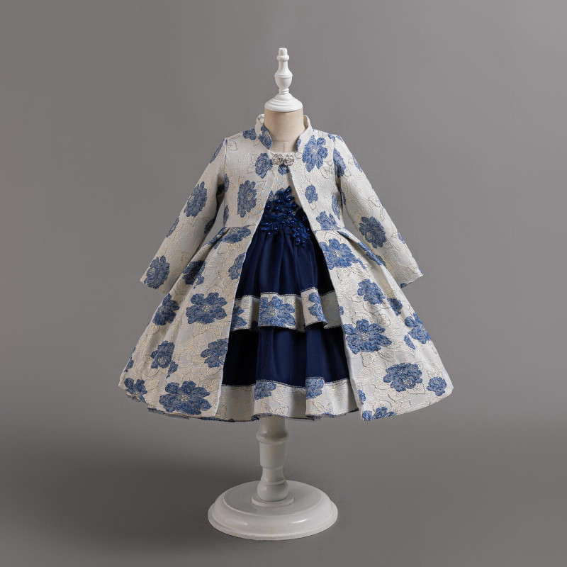 Girls Two Piece Pearl Jacquard Long Jacket & Layered Party Dress Set (2-12Y)