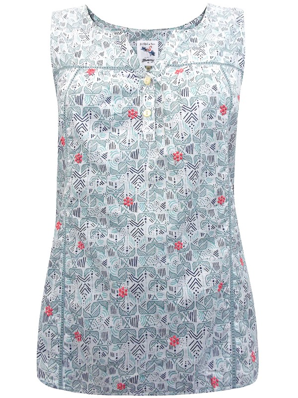Mantaray POWDER-BLUE Pure Cotton Sleeveless Floral Print Top