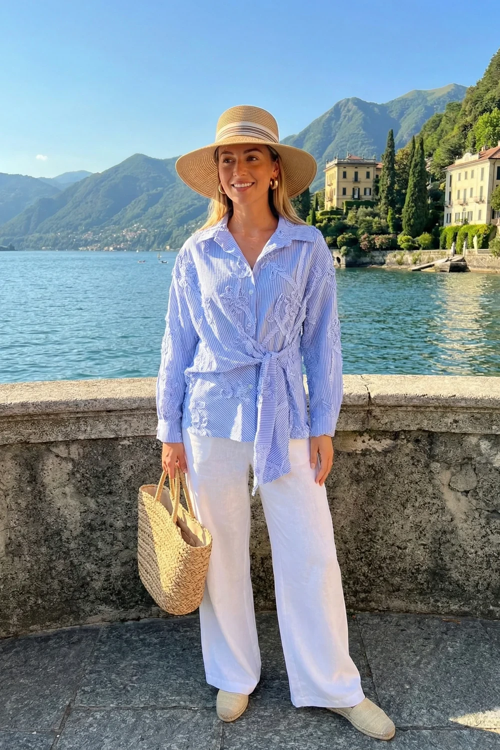 3D FLORAL STRIPE TIE-UP SHIRT