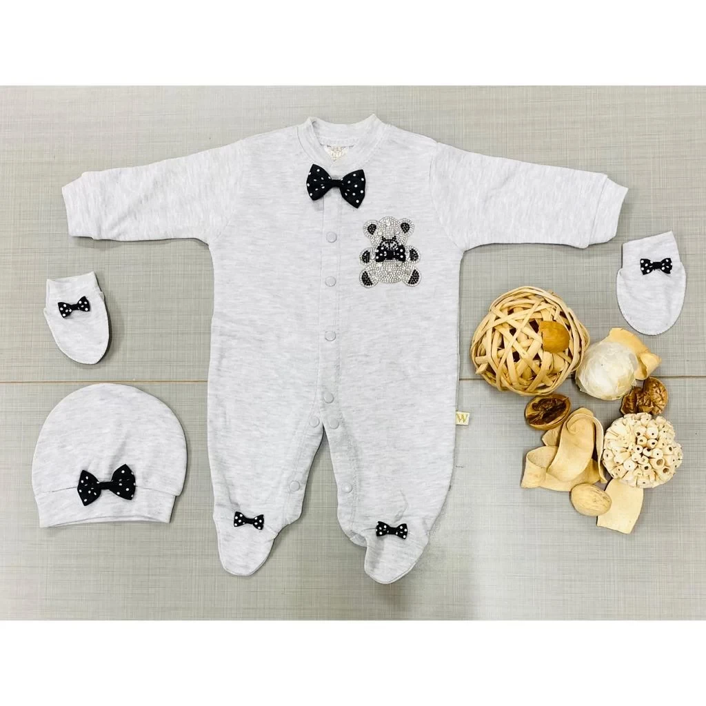 Baby Boys Diamante Teddy All in One Baby Grow with Hat & Mittens (3-9M) - GREY