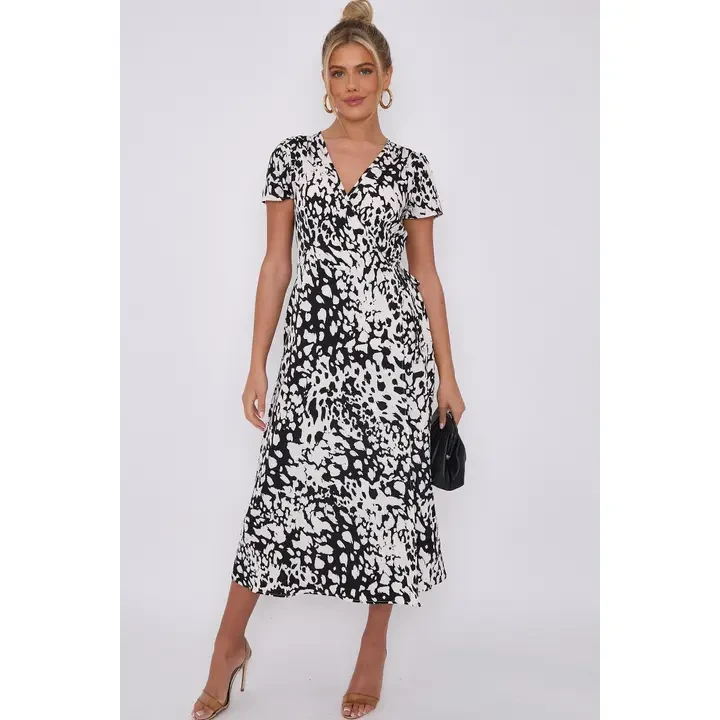 Mono Leopard Print Wrapped Midi Dress