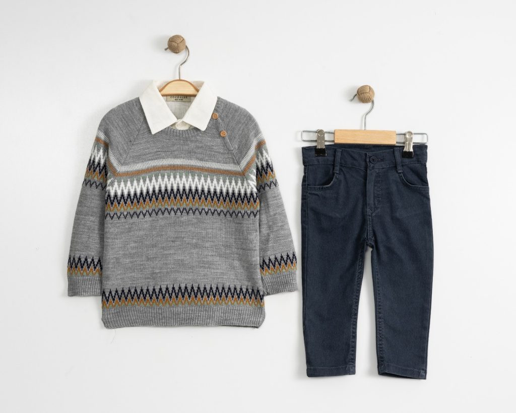 Baby Boys Three Piece Knitted Zig Zag Jumper, Shirt & Jeans -0