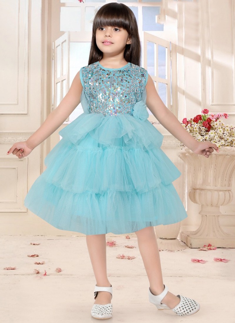 Sky Blue Party Wear Fancy Knee Length Baby Dress