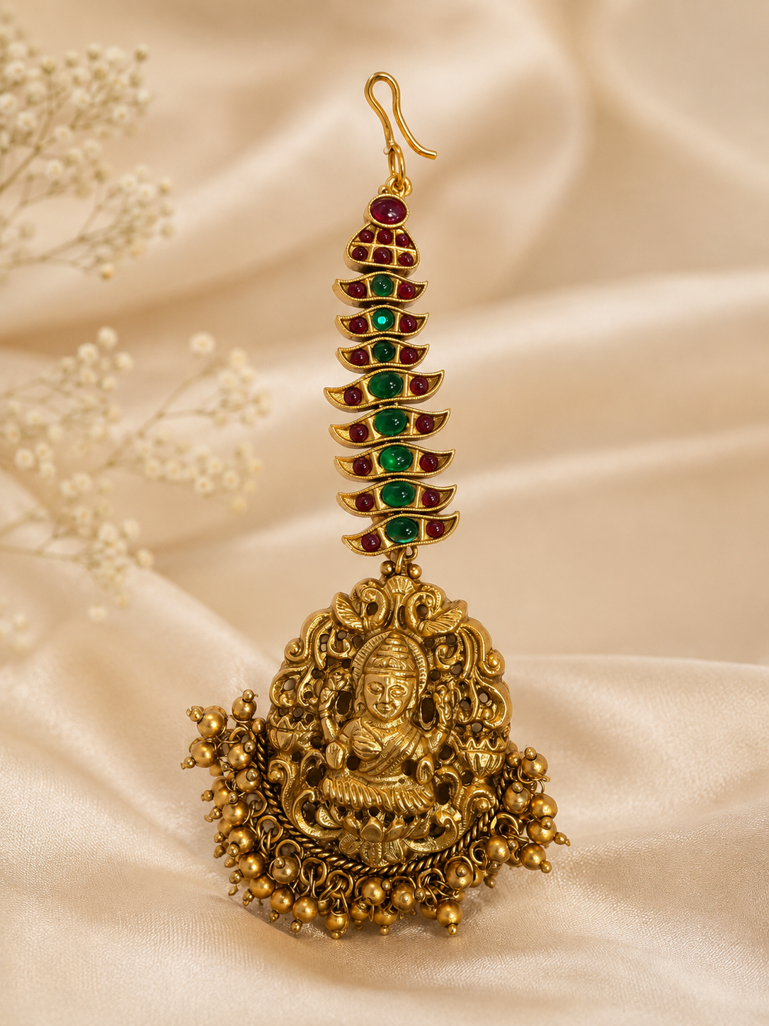 Traditional 18K Matte Gold Plated Anti Tarnish White Pearl Hanging Lakshmi Devi Design Maang Tikka