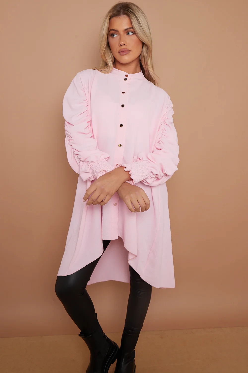 RUCHED GOLD BUTTON SHIRT -PINK