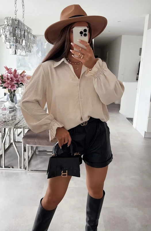 YASMIN FRILL BLOUSE SHIRT TOP-STONE