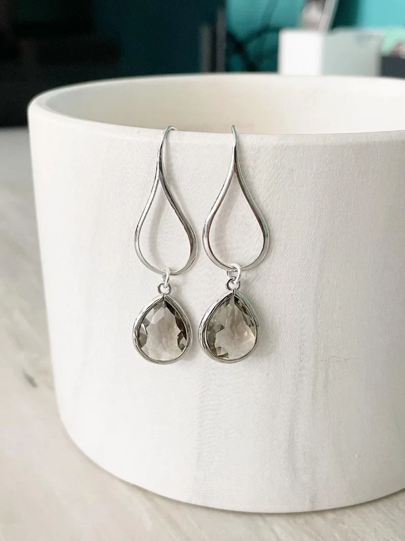 Silver Charcoal Drop Earrings. Charcoal Grey Teardrop Drop Earrings. Gift for Her. Dangle Earrings