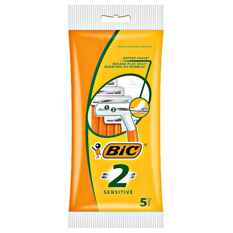 BIC 2 Sensitive Men's Disposable Razors With Double Stainless Steel Blades 5Pack