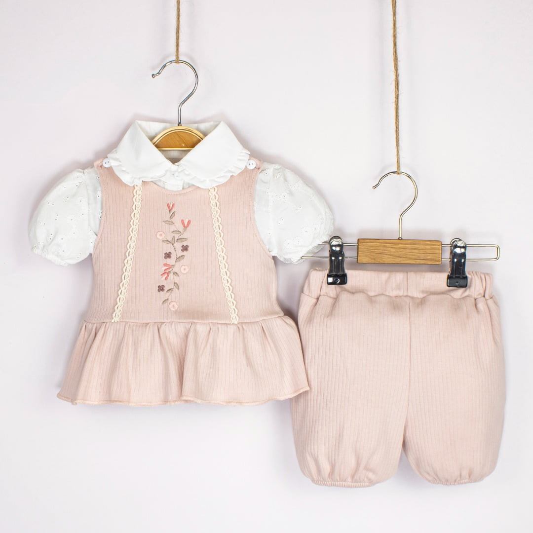 Baby Girls Three Piece Floral Embroidered Short Set (3-12M)