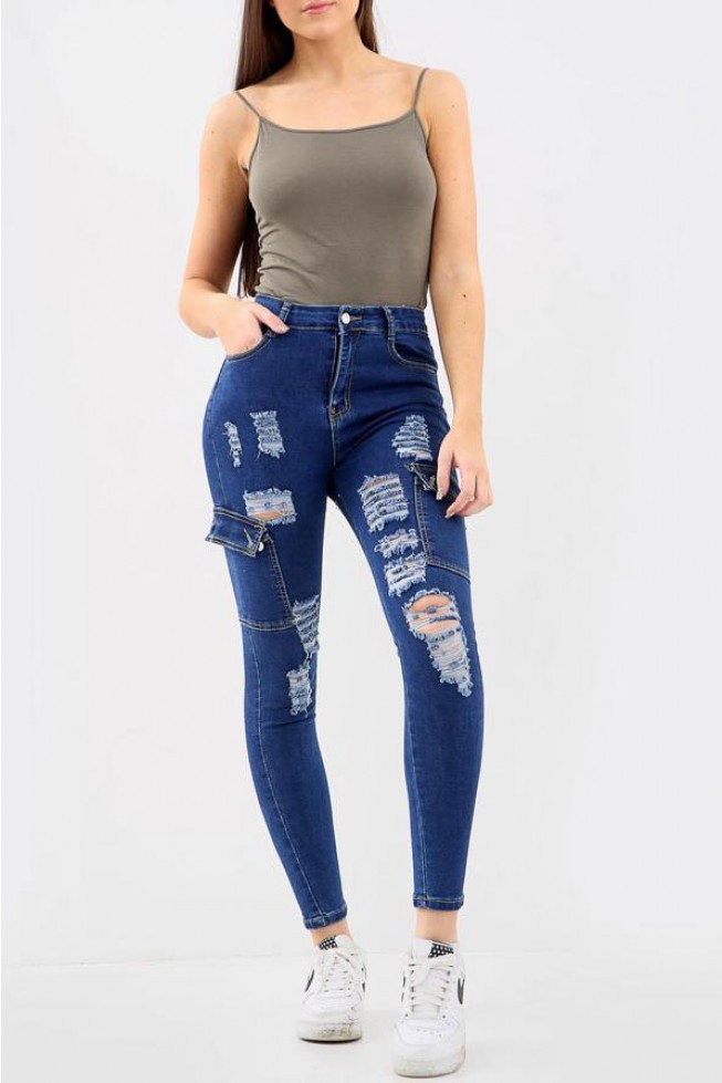 Pocketed Cargo Distressed Denim Jeans