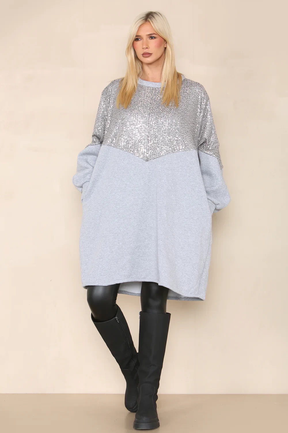 FRONT NECK EMBELLISHED SEQUIN OVERSIZED SWEAT