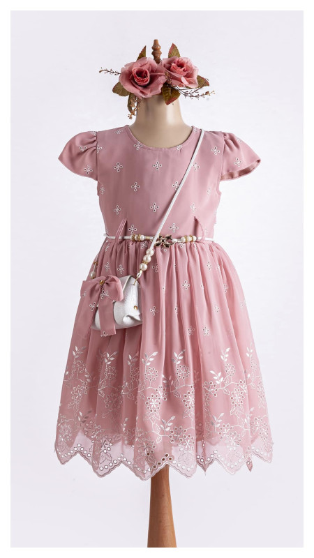 Girls Embroidered Chiffon Belt pink Dress with Purse (6-12Y)