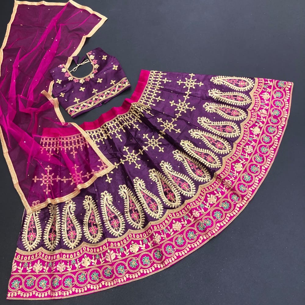 Satin Velvet Patch Border Lehenga With Embroidery Work and Diamonds(Kids lehenga)