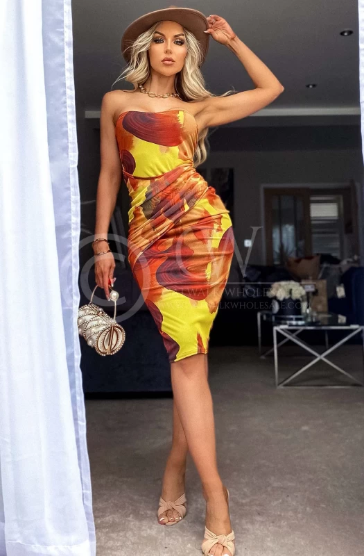 MARILYN ABSTRACT PRINT MESH BANDEAU BODYCON DRESS