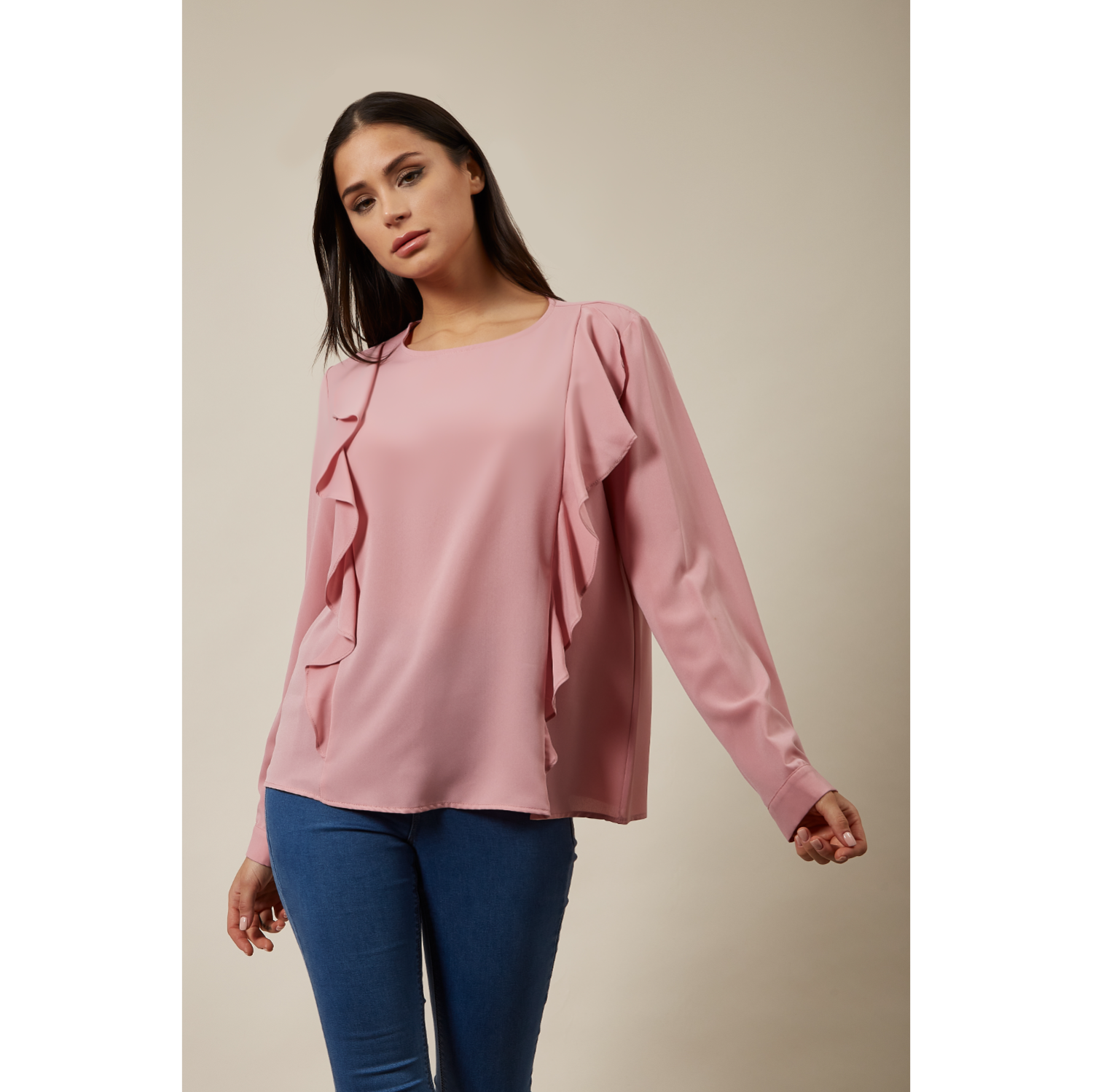OVERSIZED TOP RUFFLE FRONT DETAILS IN PINK