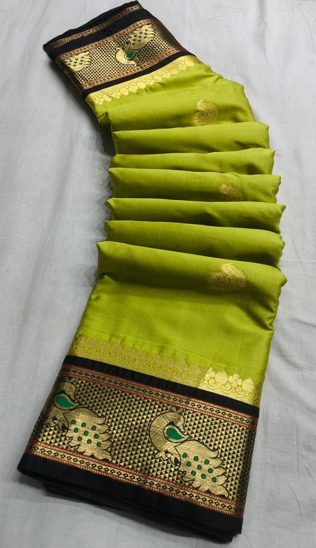 Cotton Silk Gold multi peacock weaving border with contrast blouse saree