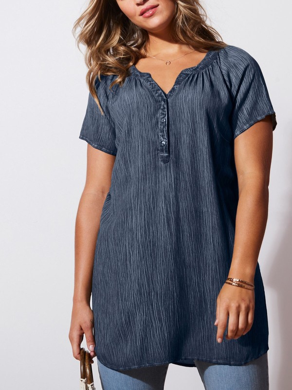 Textured Short Sleeve Button Placket Top