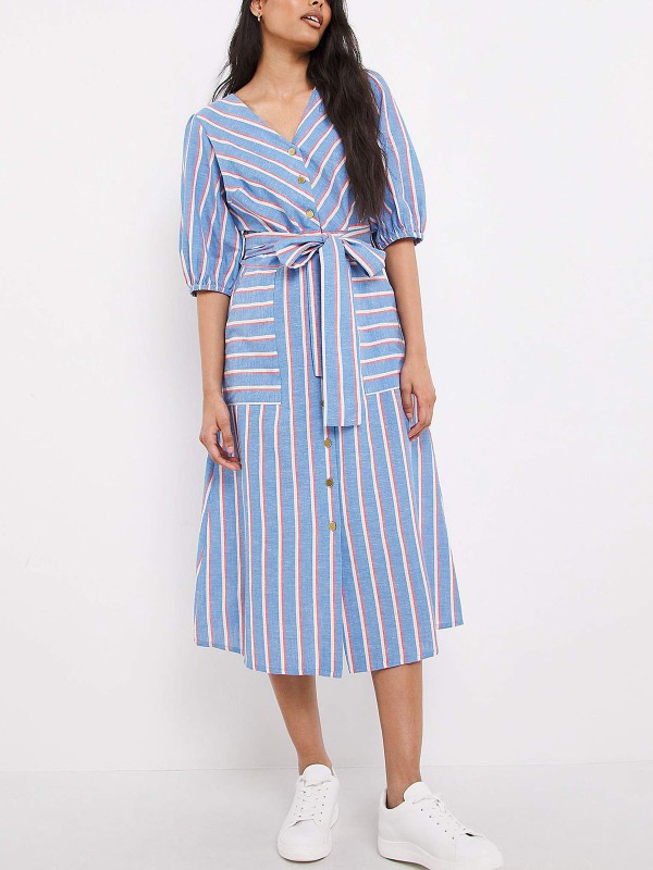 BLUE Striped Linen Tie Waist Dress
