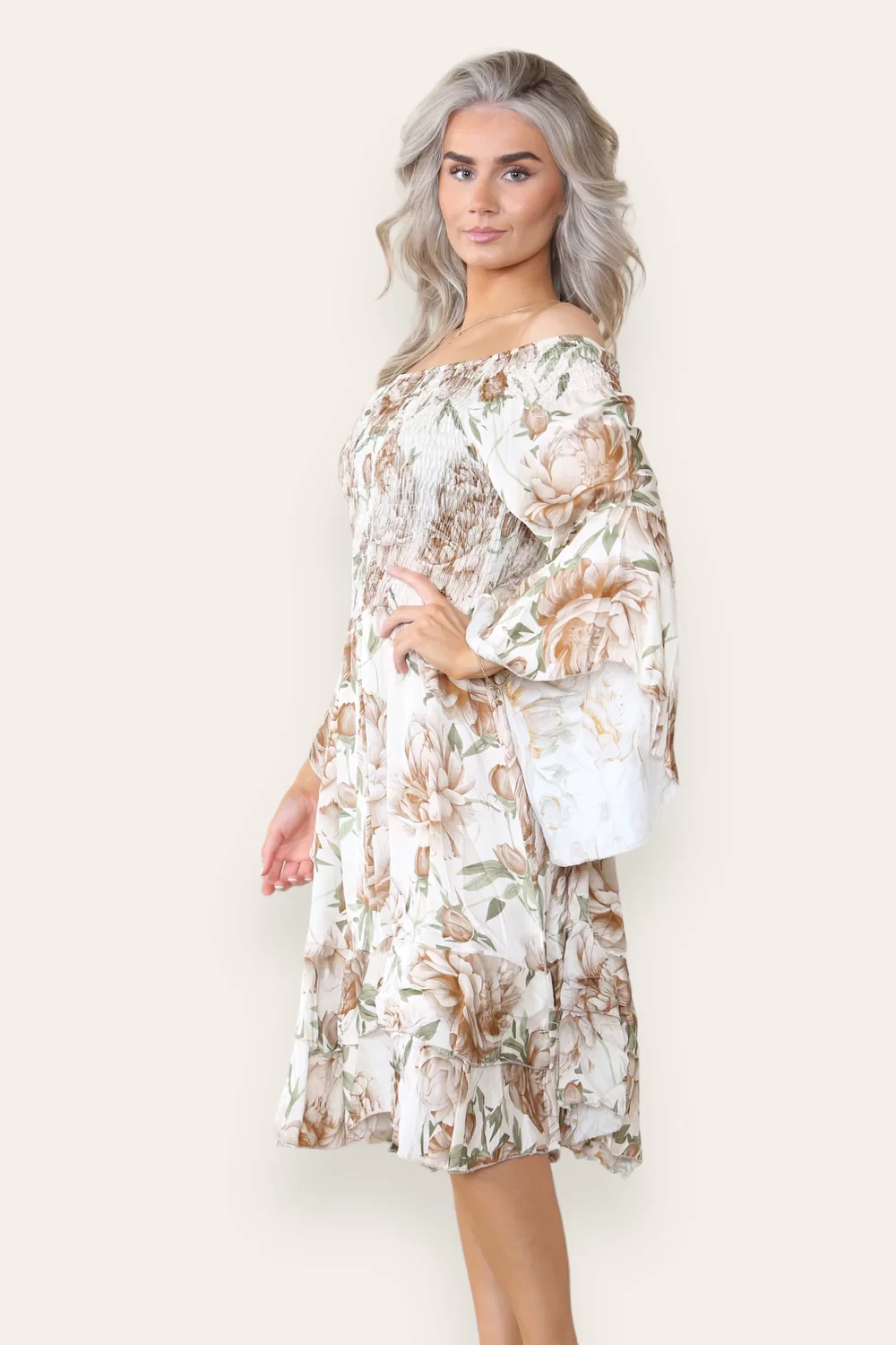 FLORAL SATIN OFF SHOULDER DRESS - BEIGE