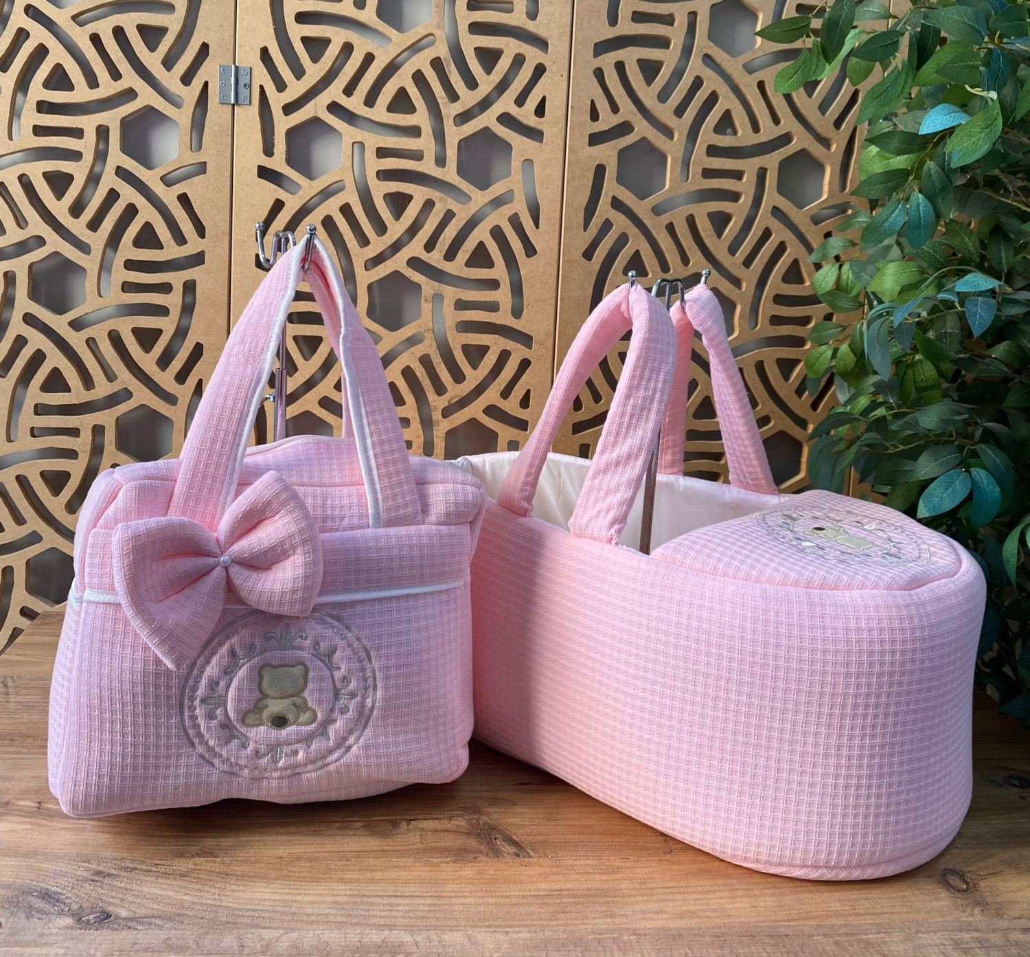 Baby Girls Embroidered Teddy Pink Moses Basket