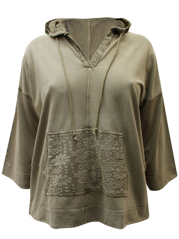 LIGHT-GREEN Pure Cotton Crochet Lace Detail Hoodie