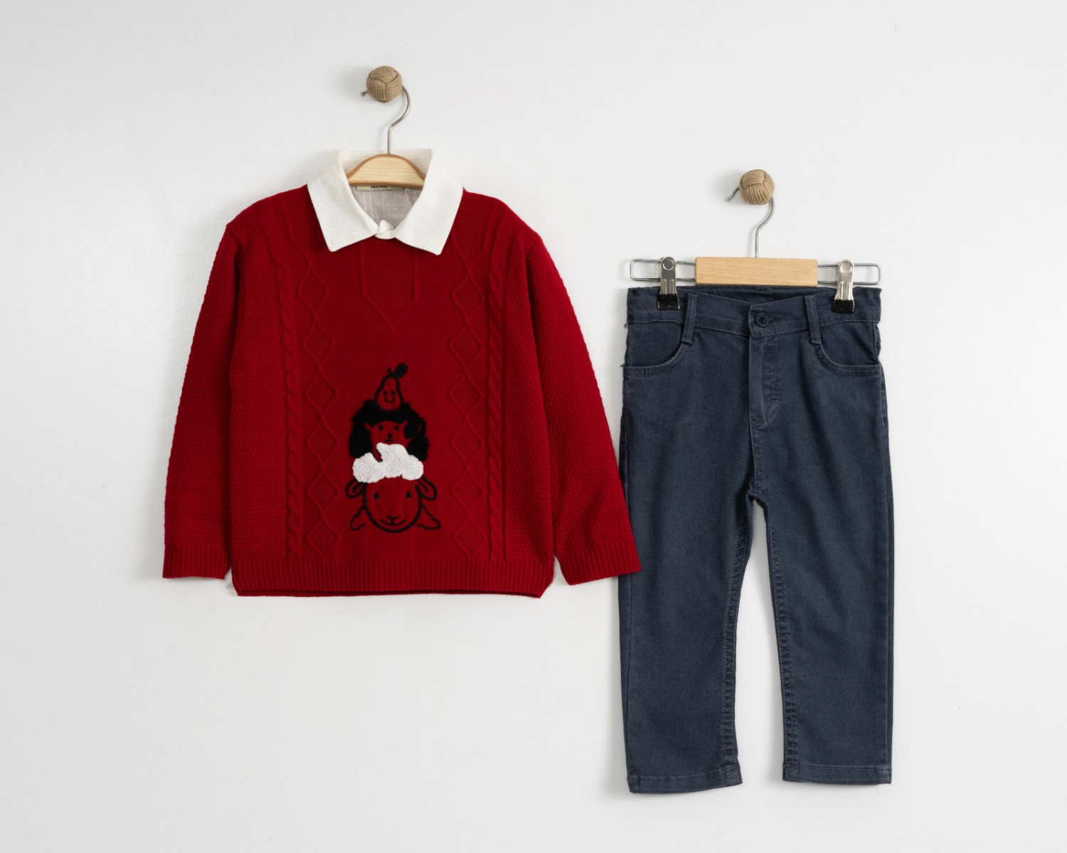 Baby Boys Three Piece Sheep Embossed Knitted Jumper, Shirt & Jeans Set with Bow Tie(6-24M)