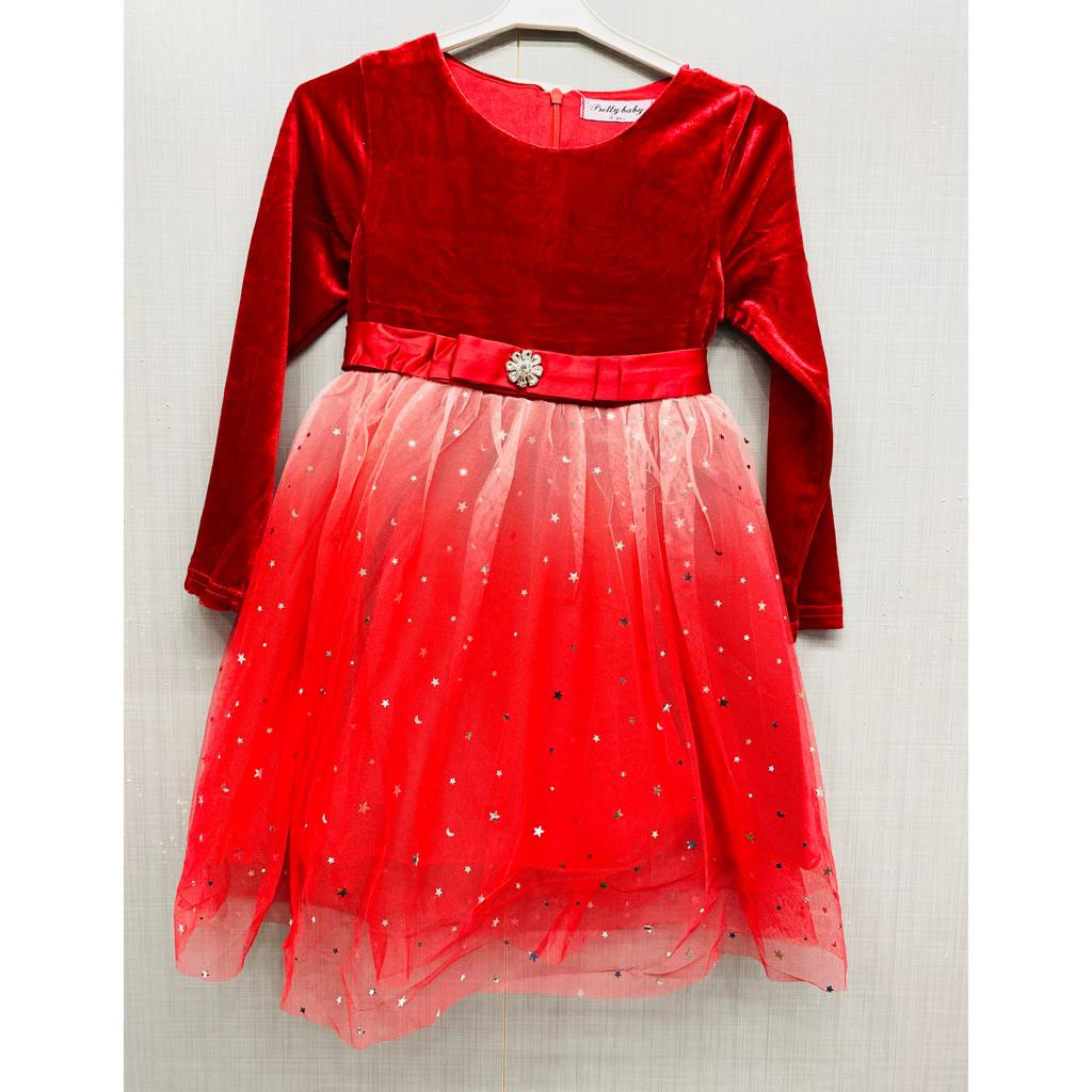 Baby Girls Full Sleeve Velvet Glitter Star Party Dress (6-36M)