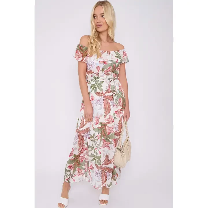 White Palm Leaf Print Chiffon Bardot Maxi Dress