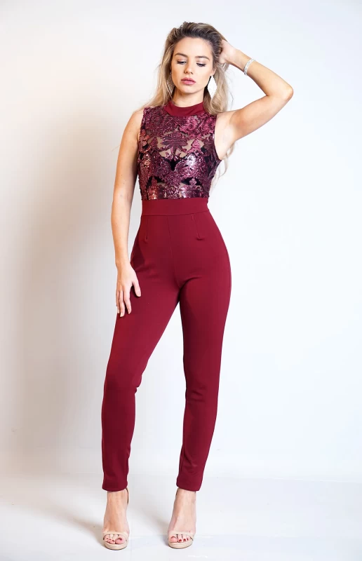 FREYA METALLIC PAISLEY MESH BODYCON JUMPSUIT-WINE